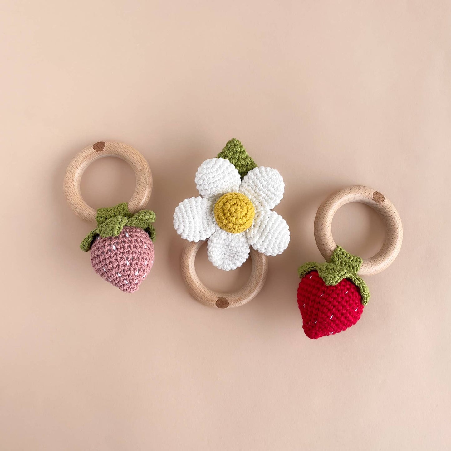 The Blueberry Hill - Teether Strawberry Pink Crochet Rattle Baby Toy Spring