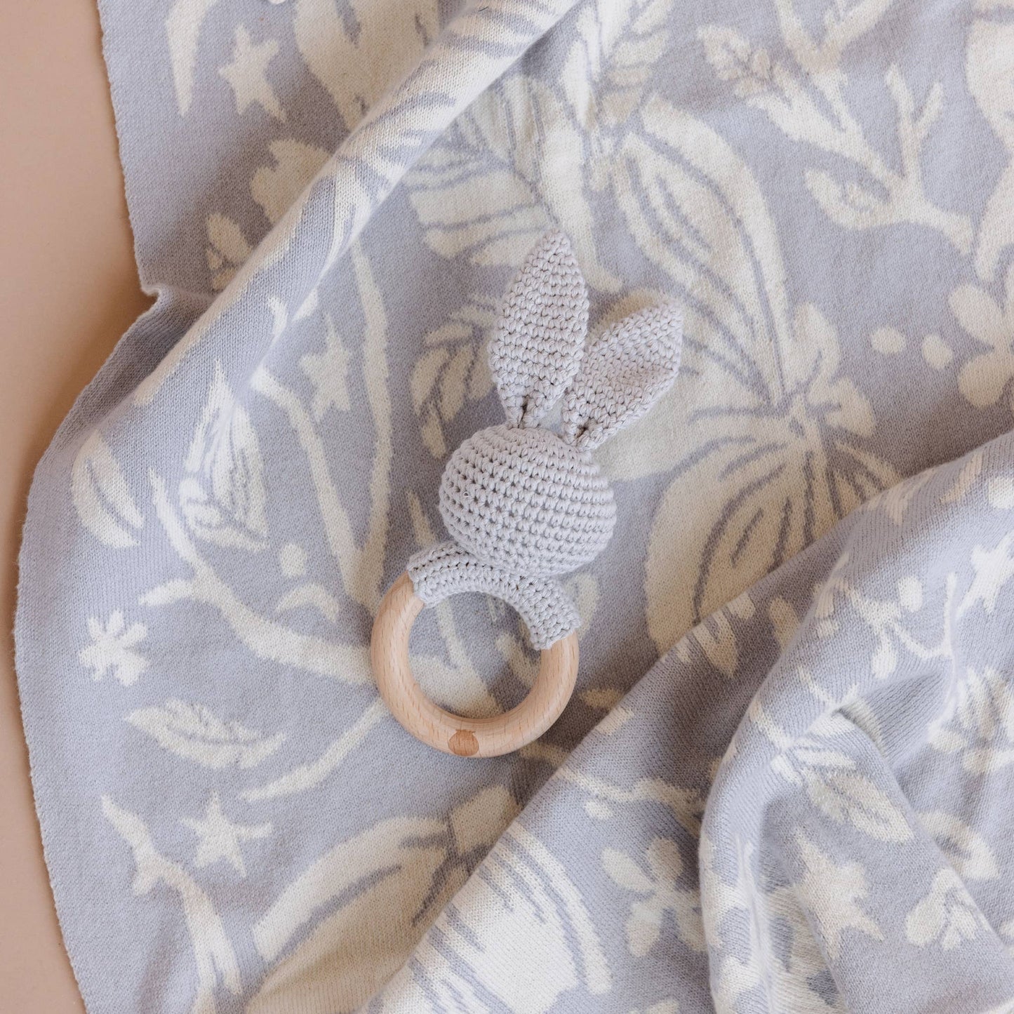 The Blueberry Hill - Teether Bunny Grey Cotton Rattle Baby Gift Spring