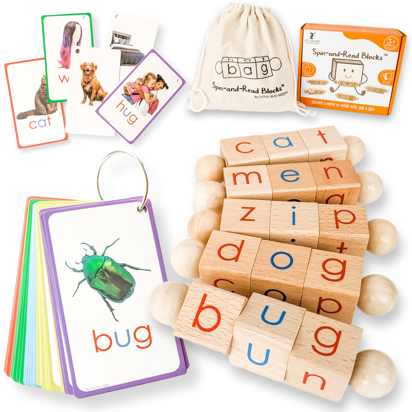 Little Bud Kids - Spin-and-Read Montessori Phonetic Reading Blocks & CVC Cards