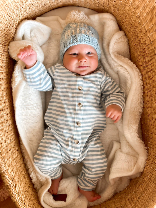 SIIX Collection - Dusty Blue Stripe / Organic Ribbed Long Sleeve Bay Jumpsuit