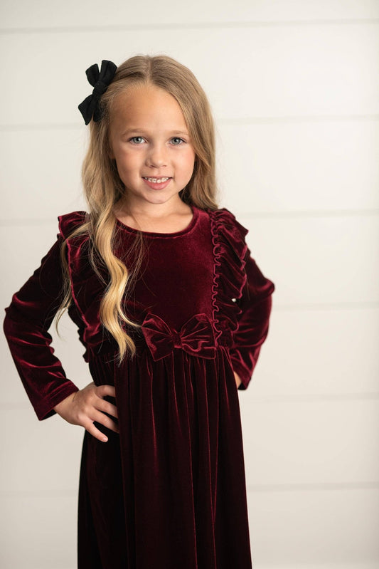 Oopsie Daisy - Kids Burgundy Wine Velvet Bow Ruffle Holiday Party Dress - Citrus Sky Boutique
