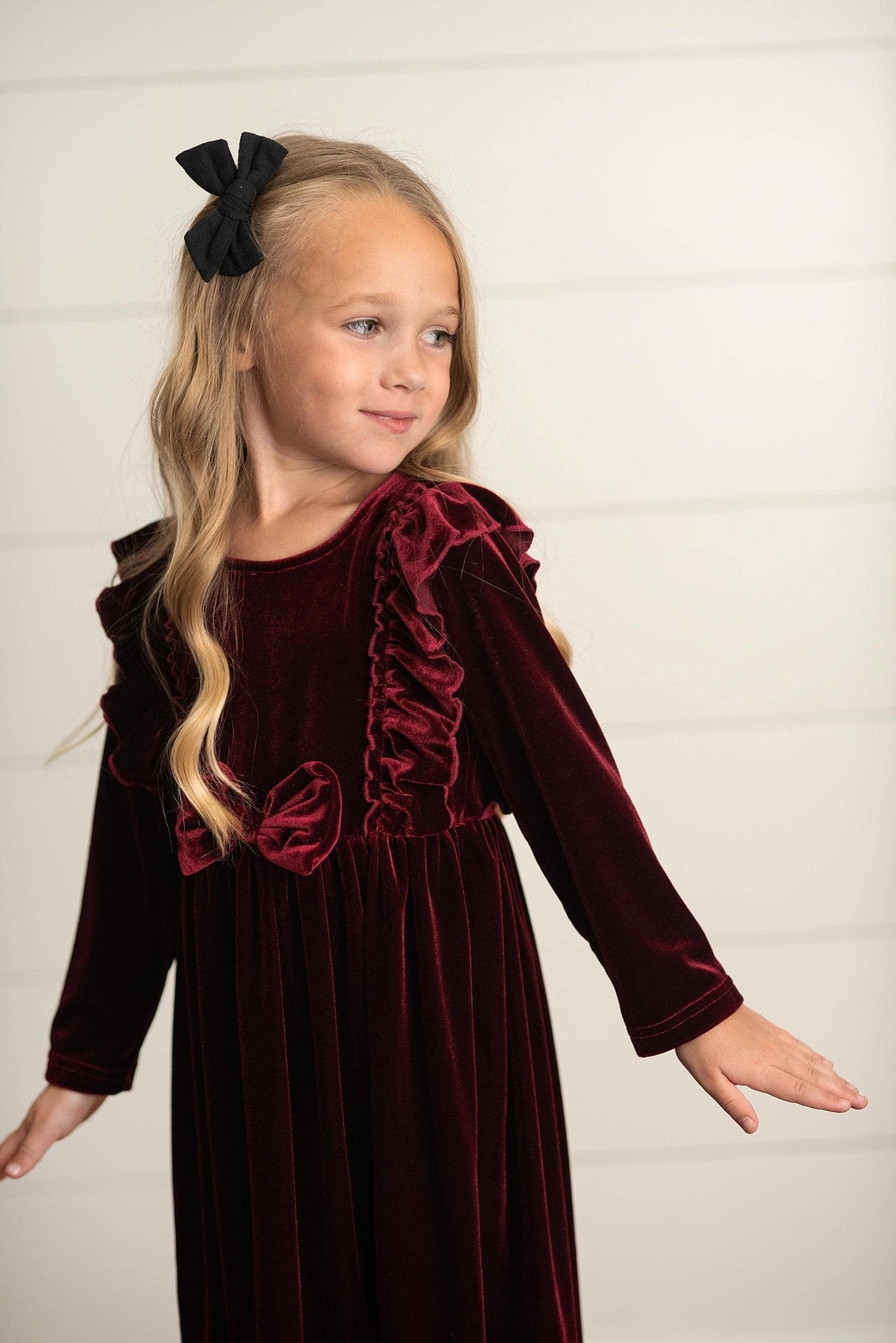 Oopsie Daisy - Kids Burgundy Wine Velvet Bow Ruffle Holiday Party Dress - Citrus Sky Boutique