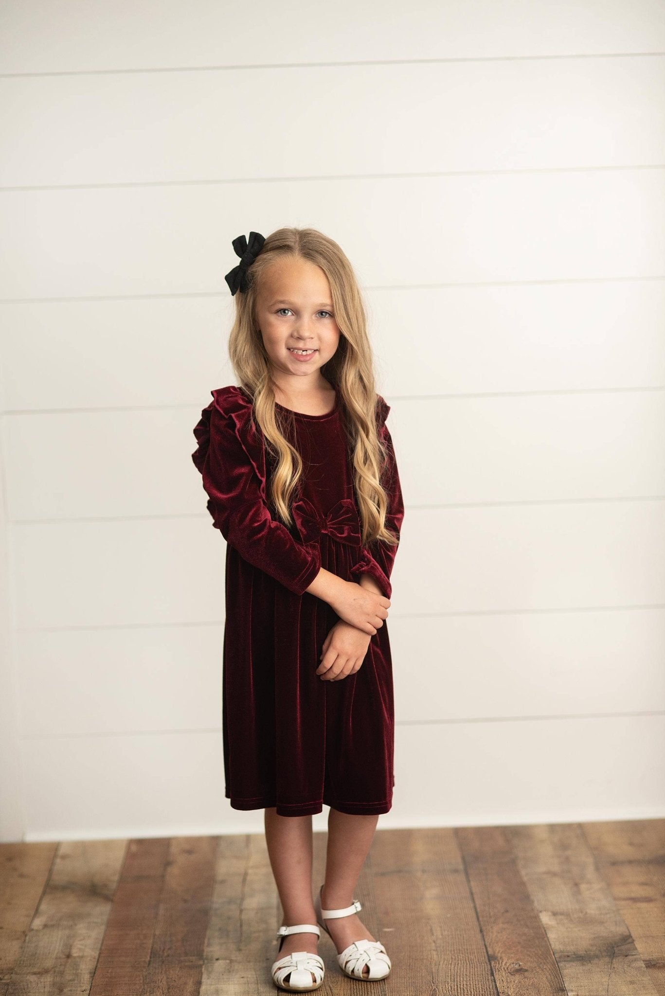 Oopsie Daisy - Kids Burgundy Wine Velvet Bow Ruffle Holiday Party Dress - Citrus Sky Boutique