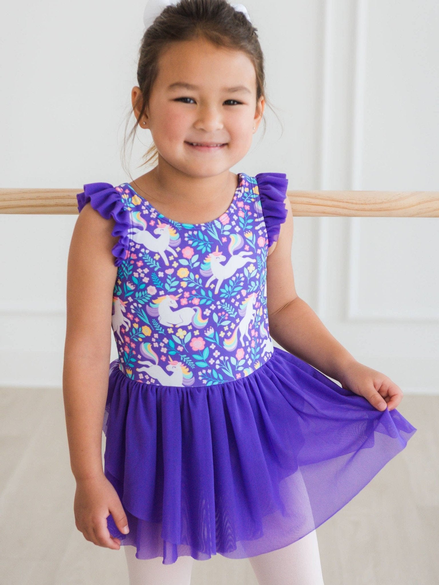 RuffleButts + RuggedButts - Girls Unicorn Meadow Flutter Sleeve Dance & Gymnastics Leotard - Citrus Sky Boutique