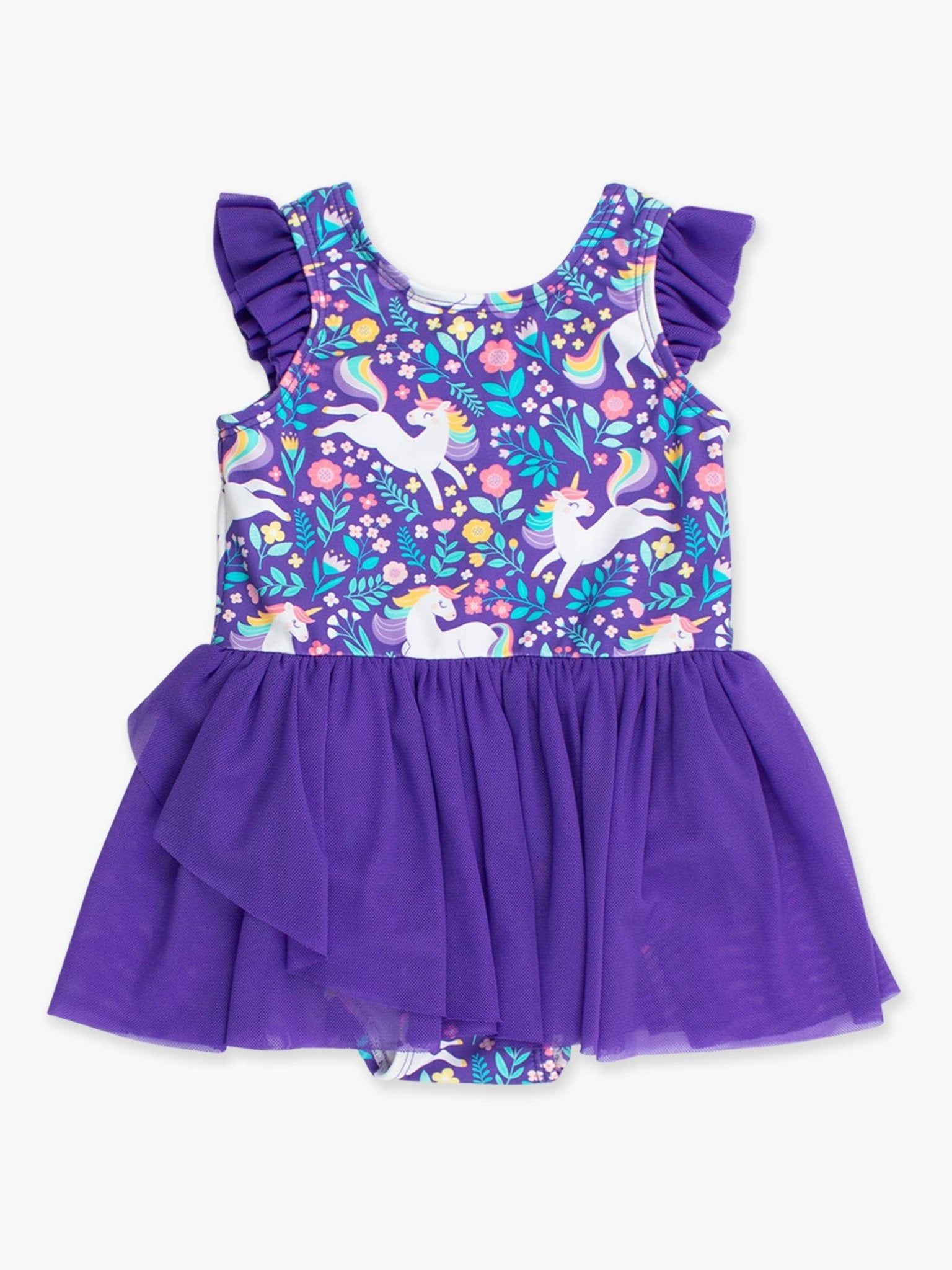 RuffleButts + RuggedButts - Girls Unicorn Meadow Flutter Sleeve Dance & Gymnastics Leotard - Citrus Sky Boutique