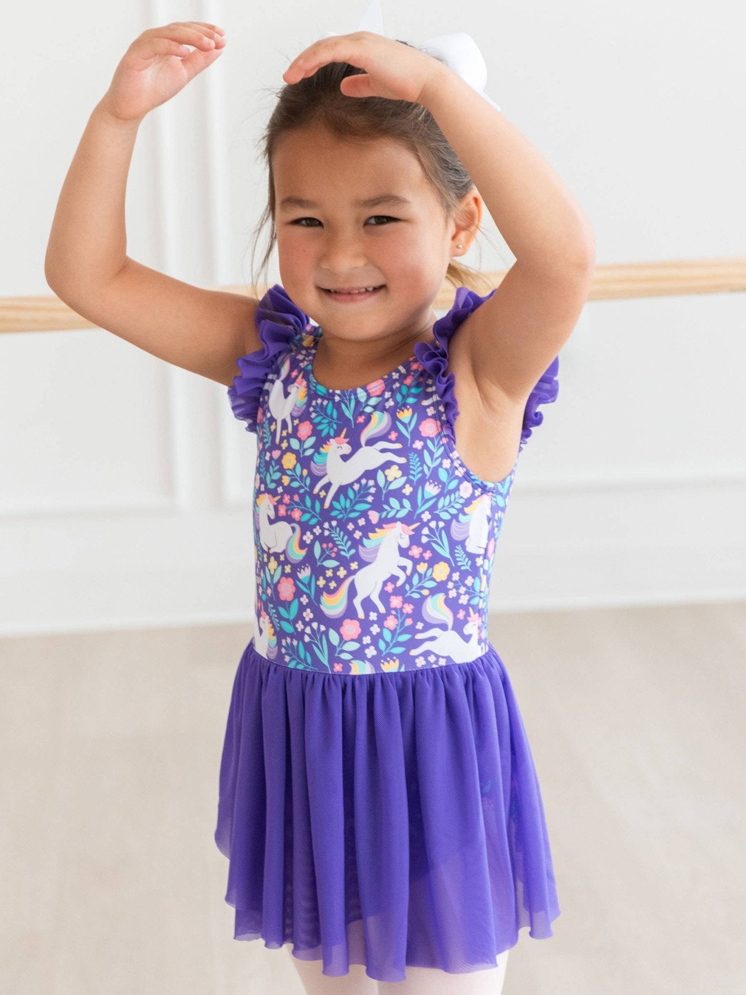 RuffleButts + RuggedButts - Girls Unicorn Meadow Flutter Sleeve Dance & Gymnastics Leotard - Citrus Sky Boutique