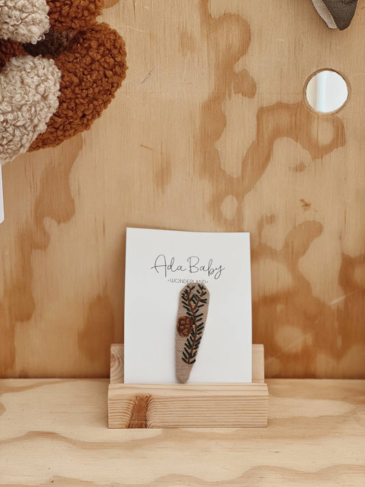 Embroidered Baby Hair Clips: Pine Cone