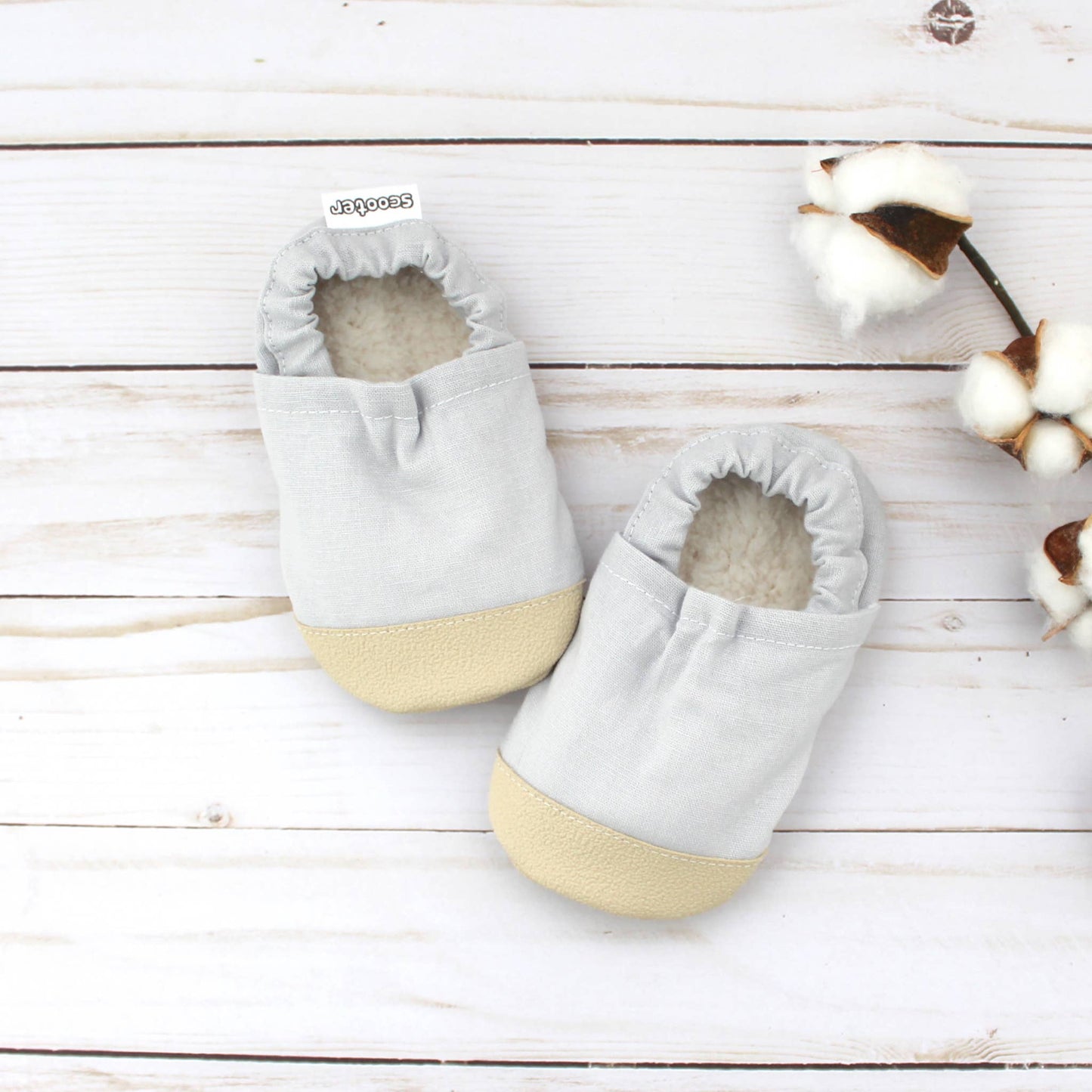 Scooter Booties - Pewter Linen Baby Shoes: 12 - 18 months